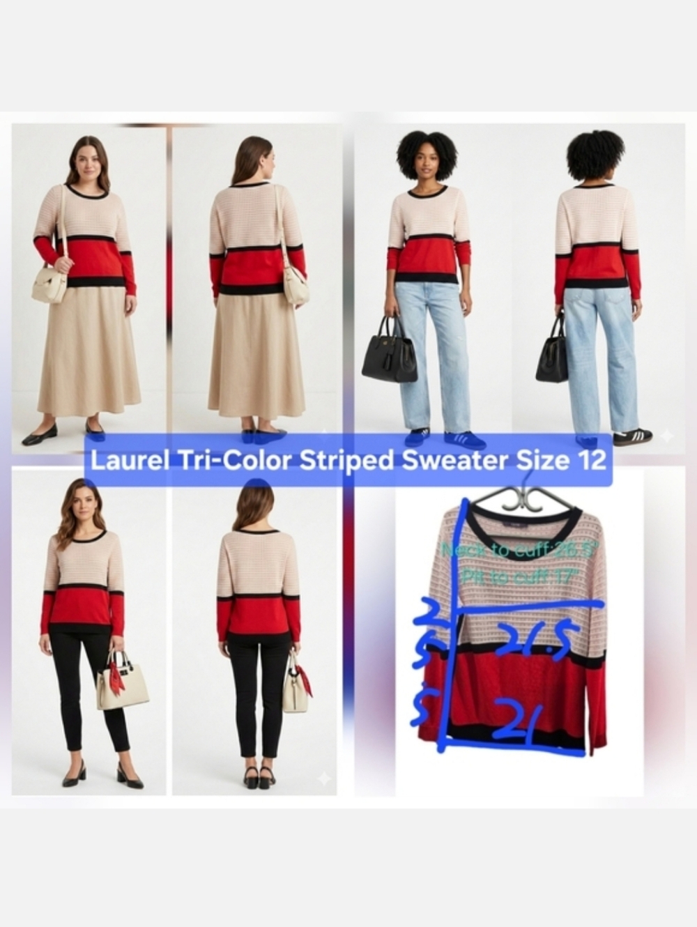 Laurel Tri-Color Striped Sweater Size 12